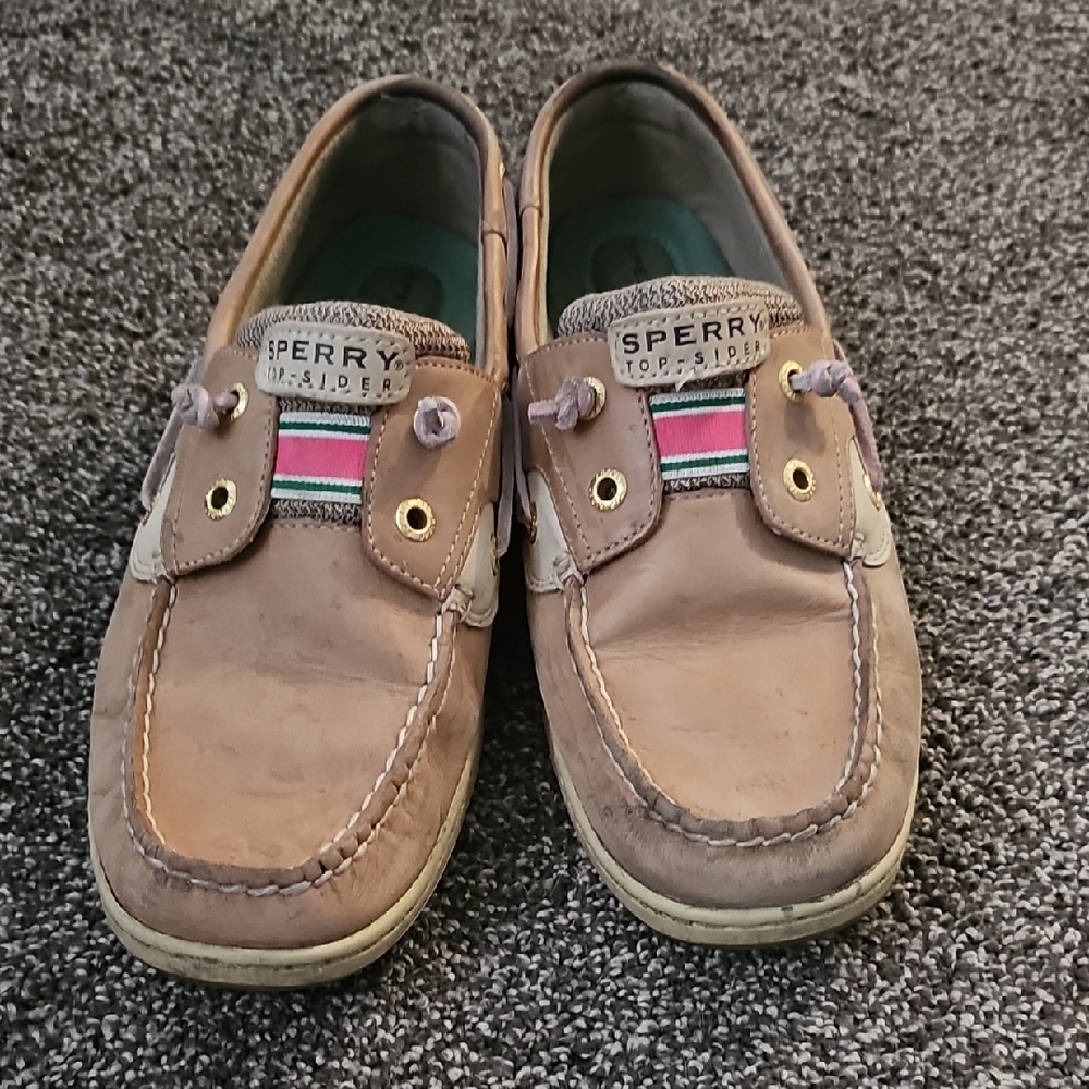 Sperry Women's Tan Boat Shoes With Pink and Green Sz 9.5